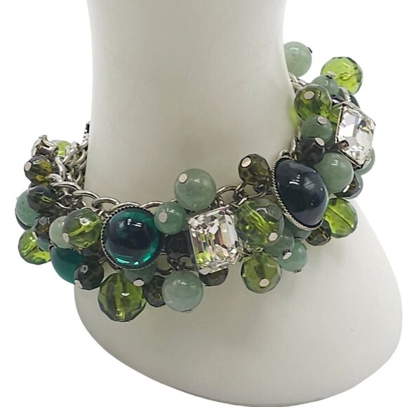 Green Faceted Beads Cluster Crystals Bangle Bracelet Cha Cha Vintage - Picture 2 of 6